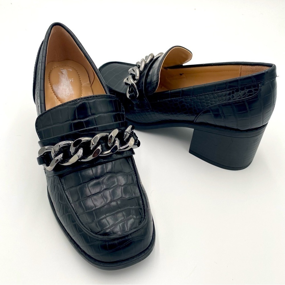 Bandolino‎ Misha Croc Print Slip On Loafers Chunky Block Heeled Shoes Black 6.5